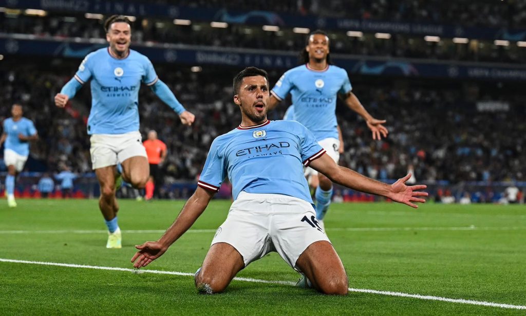 Brazilian midfielder Rodri scores the winning goal in Manchester City’s 1-0 victory over Inter Milan to clinch a historic third title