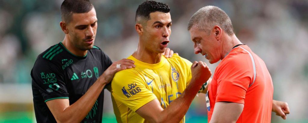Cristiano Ronaldo has a heated argument with the referee when the veteran scores two goals to lead Al Nassr to victory